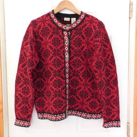 Vintage LL Bean Nordic Full zip Cardigan Sweater Red Fair Isle Size Medium - Picture 1 of 6